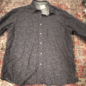 Men's Reversible Gray Floral Striped Cotton Long Sleeve Shirt Chest 46"